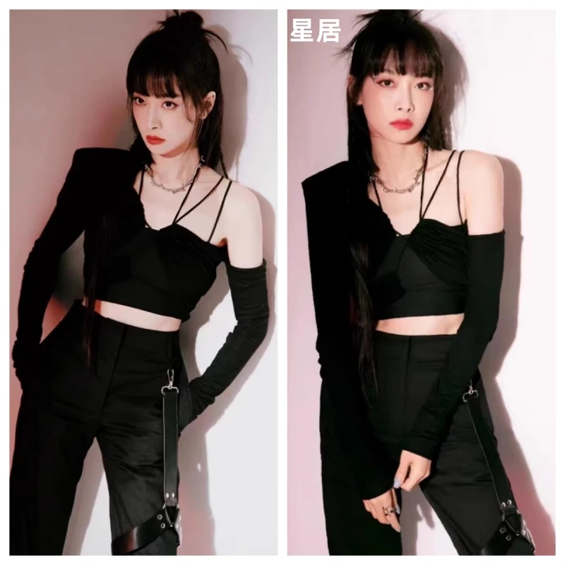 Women Singer Jazz Dancer Costume Hip Hop Clothing Halter Strapless Tops Black Wide Leg Pants Stage Performance Wear Kpop Outfits
Women Singer Jazz Dancer Costume Hip Hop Clothing Halter Strapless Tops Black Wide Leg Pants Stage Performance Wear Kpop Outfits