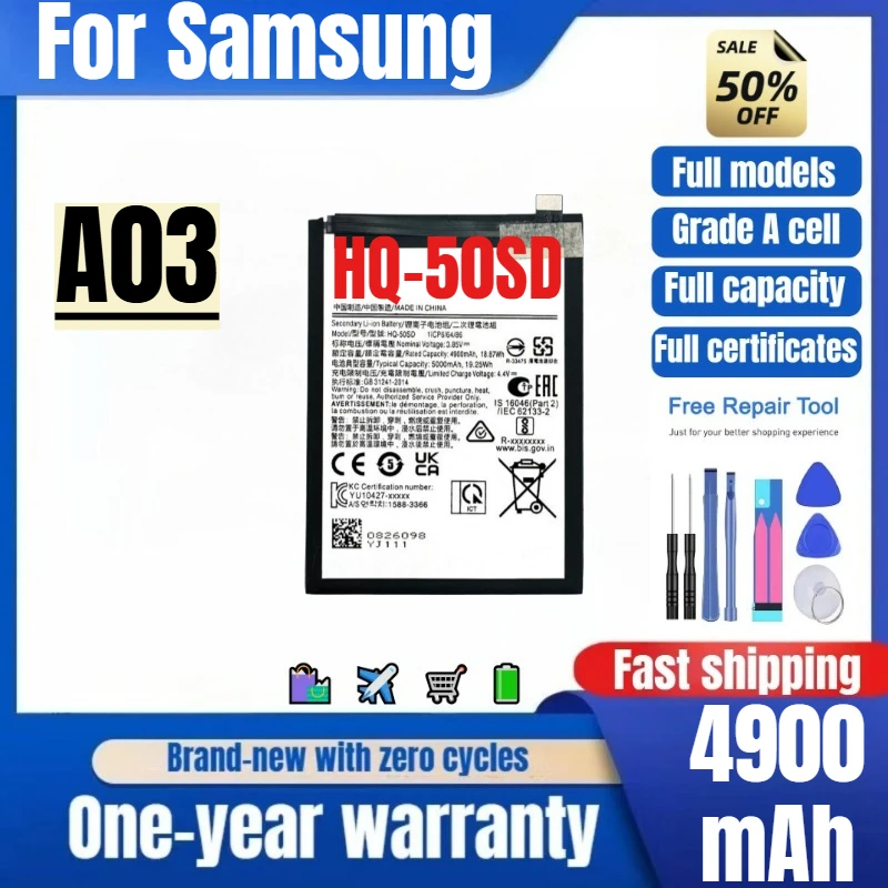 HQ-50SD for Samsung A03 Phone Battery 0 Cycle High Quality High Capacity Battery Replacement Bateria Grade A Cell with Tools
HQ-50SD for Samsung A03 Phone Battery 0 Cycle High Quality High Capacity Battery Replacement Bateria Grade A Cell with Tools