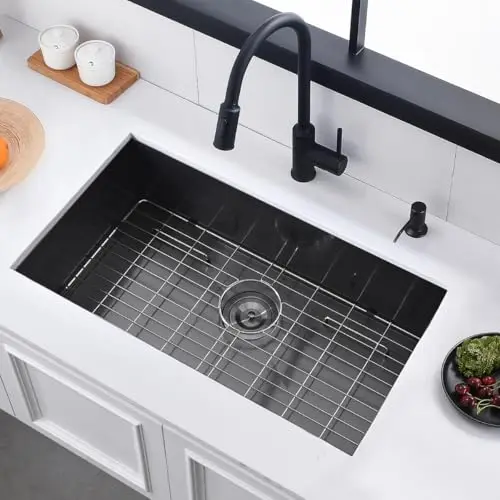 30 Inch Black 18 Gauge Stainless Steel Undermount Sink With Integrated Grid And Strainer Set
30 Inch Black 18 Gauge Stainless Steel Undermount Sink With Integrated Grid And Strainer Set