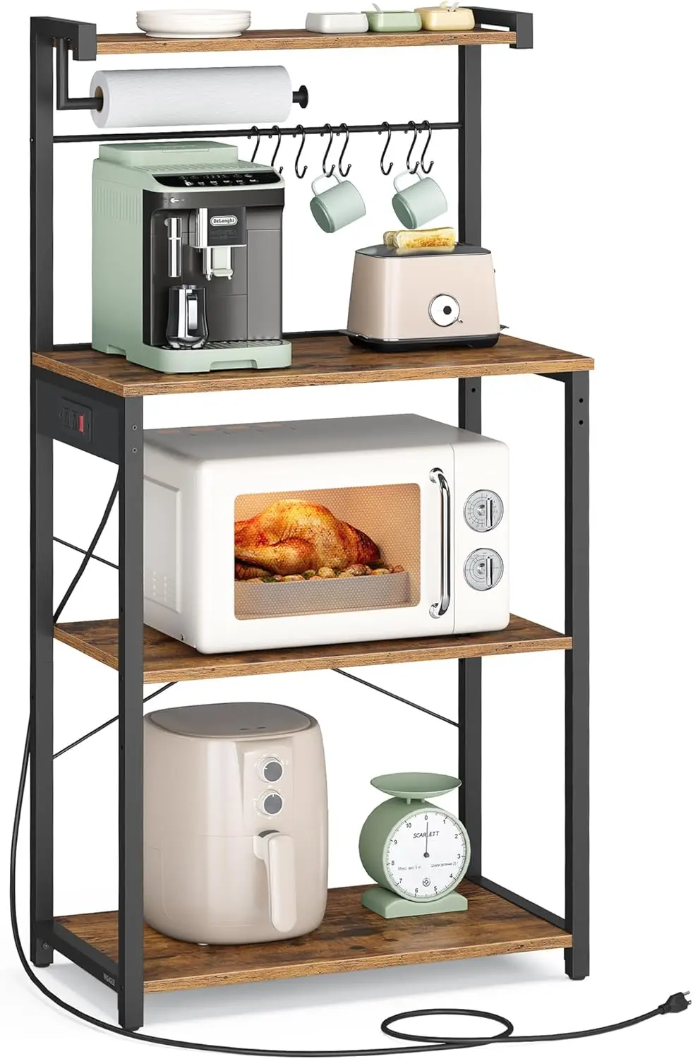 4-Tier Kitchen Bakers Rack with Power Outlet, Adjustable Shelf, Microwave Stand for Small Spaces in Rustic Brown and Ink Black
4-Tier Kitchen Bakers Rack with Power Outlet, Adjustable Shelf, Microwave Stand for Small Spaces in Rustic Brown and Ink Black