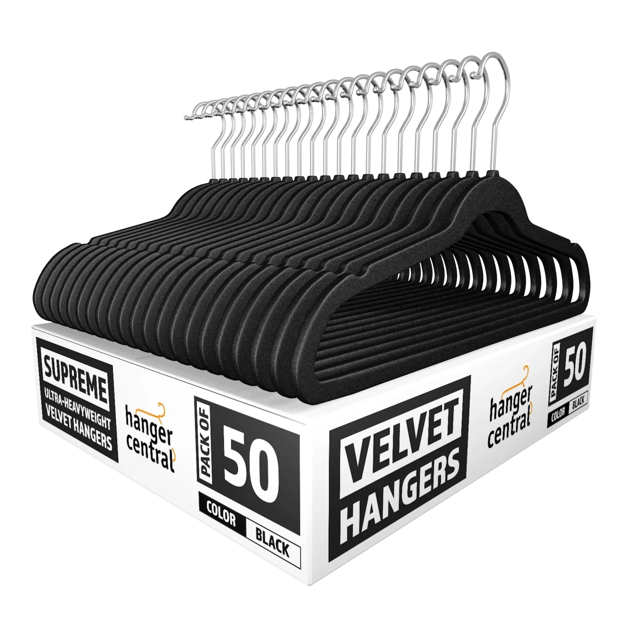 50 pack Space Saving, Heavy Duty Slim Velvet Hangers, Ridged Non-Slip, 360-Rotating Chrome Swivel Hook, Black
50 pack Space Saving, Heavy Duty Slim Velvet Hangers, Ridged Non-Slip, 360-Rotating Chrome Swivel Hook, Black