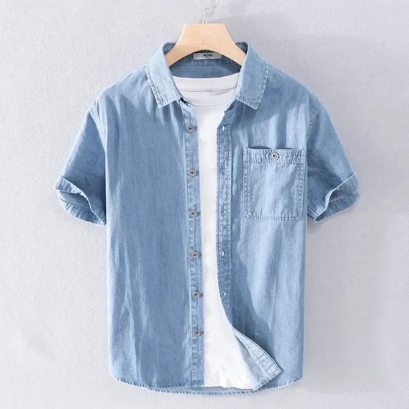Korean Style Vintage Mens Denim Shirt Short Sleeve Summer Casual Slim Jean Shirts Male Lapel Pocket 100%Cotton Cowboy Tops Daily
Korean Style Vintage Mens Denim Shirt Short Sleeve Summer Casual Slim Jean Shirts Male Lapel Pocket 100%Cotton Cowboy Tops Daily