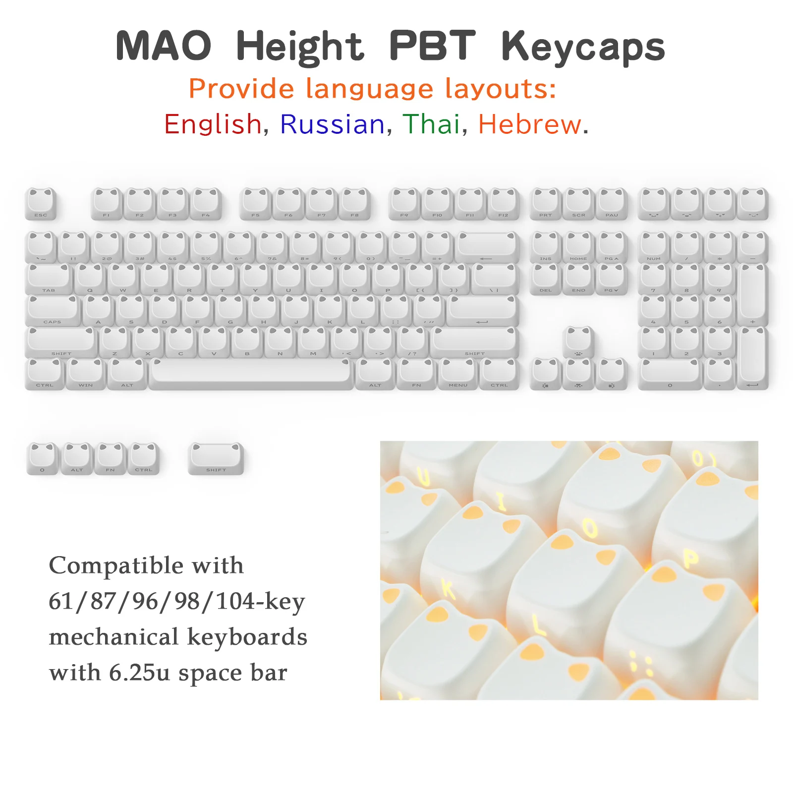 MAO High Profile Keycaps English Russian Thai Hebrew BPT Mechanical Keyboard Keycap Cute Cat Key cap for 61 87 96 98 104
MAO High Profile Keycaps English Russian Thai Hebrew BPT Mechanical Keyboard Keycap Cute Cat Key cap for 61 87 96 98 104