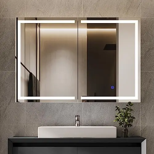 Lighted Medicine Cabinet with Mirror, Wall Mounted Bathroom Mirror with Storage, 2 Doors Bathroom Wall Cabinet with LED
Lighted Medicine Cabinet with Mirror, Wall Mounted Bathroom Mirror with Storage, 2 Doors Bathroom Wall Cabinet with LED