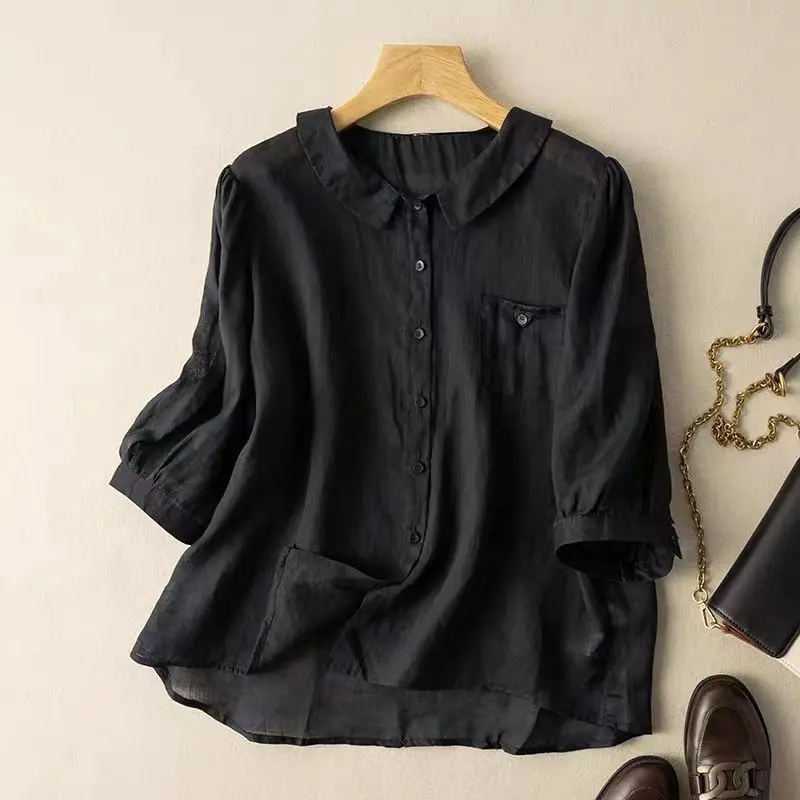 Новая летняя стильная хлопковая льняная рубашка с рукавами 7 четвертей для женщин, свободный топ в стиле ретро с кукольным воротником 
Новая летняя стильная хлопковая льняная рубашка с рукавами 7 четвертей для женщин, свободный топ в стиле ретро с кукольным воротником