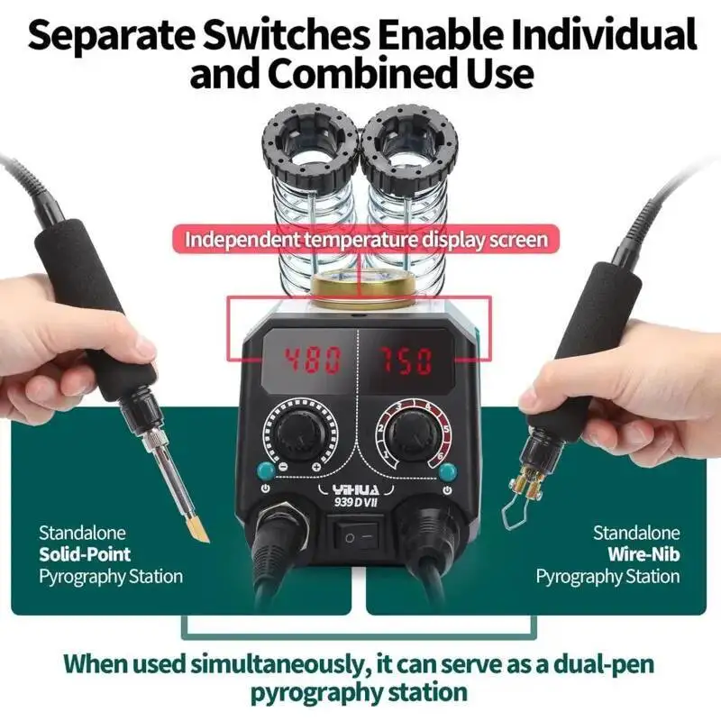 YIHUA 939D VII Soldering Station Dual-Pen Solid-Point and Wire-Nib Digital Display and Detachable Pens for Electronics Projects
YIHUA 939D VII Soldering Station Dual-Pen Solid-Point and Wire-Nib Digital Display and Detachable Pens for Electronics Projects