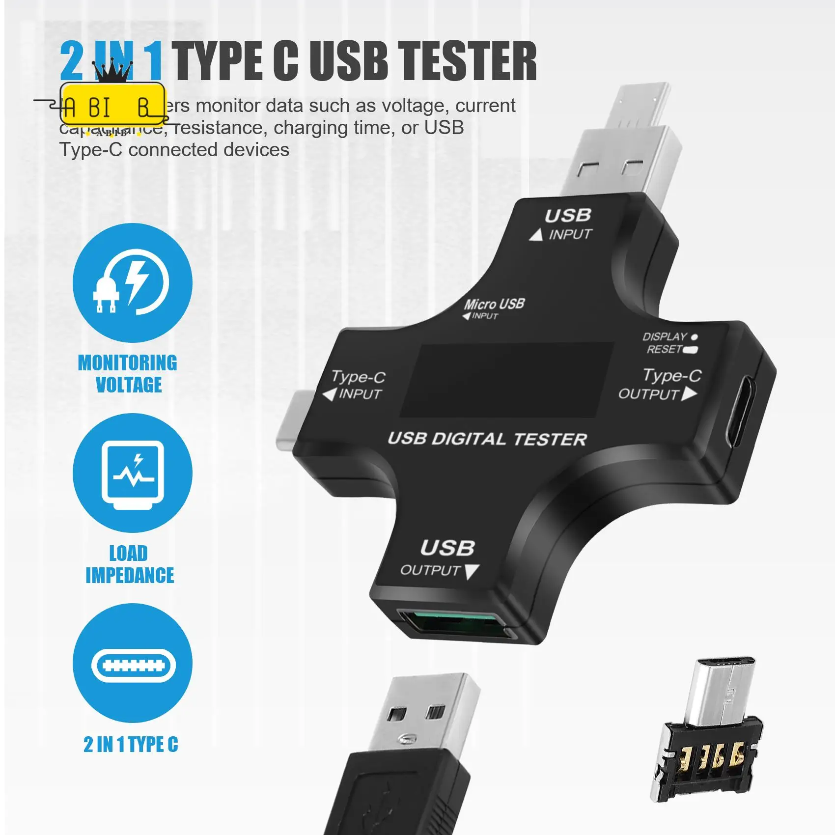 ABIB -USB C Tester,2 In 1 Type C USB Tester Color Screen IPS Digital Multimeter,Voltage,Current,Power,Resistance,Temperature,Wit
ABIB -USB C Tester,2 In 1 Type C USB Tester Color Screen IPS Digital Multimeter,Voltage,Current,Power,Resistance,Temperature,Wit