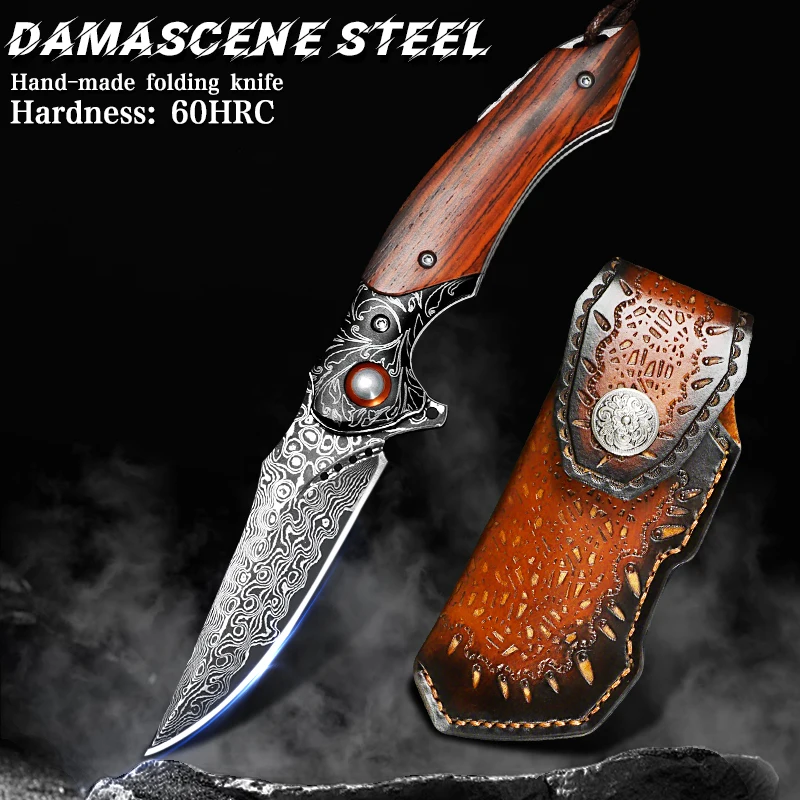 VG10 Damascus Steel Folding Knife, Men's Pocket Knife with Leather Sheath, Ideal for Outdoor Activities, Camping, Survival, EDC
VG10 Damascus Steel Folding Knife, Men's Pocket Knife with Leather Sheath, Ideal for Outdoor Activities, Camping, Survival, EDC