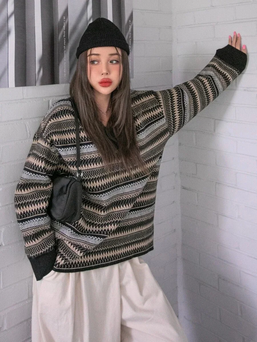 Suninbox Autumn Striped Sweater Pullovers Casual Loose Velvet Warm Sweater V Neck Oversized Sweater Jumper
Suninbox Autumn Striped Sweater Pullovers Casual Loose Velvet Warm Sweater V Neck Oversized Sweater Jumper