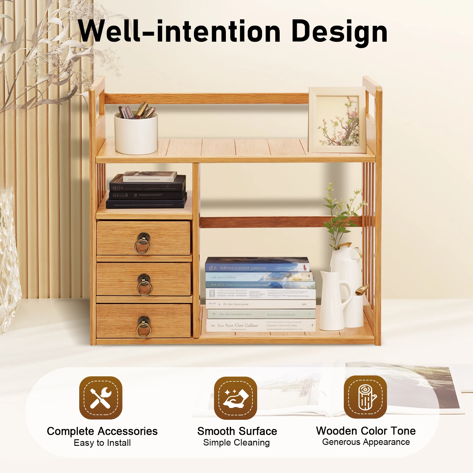 Wood Counter-Top Bookcase Office Desk Organizer Book Holder W/3 Drawers Bamboo Desktop Bookshelf Double Layer Storage Shelf
Wood Counter-Top Bookcase Office Desk Organizer Book Holder W/3 Drawers Bamboo Desktop Bookshelf Double Layer Storage Shelf