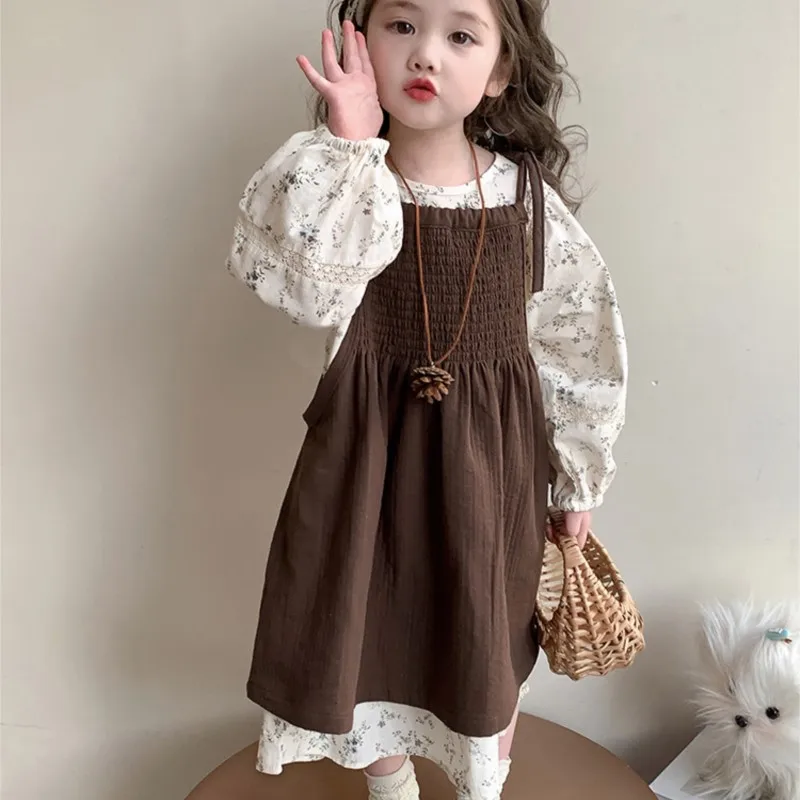 Autumn Children Girl 2PCS Clothes Set Cotton Floral Printed Kid Girl Princess Dress Little Girl Solid Strench Sling Dress Outfit 
Autumn Children Girl 2PCS Clothes Set Cotton Floral Printed Kid Girl Princess Dress Little Girl Solid Strench Sling Dress Outfit
