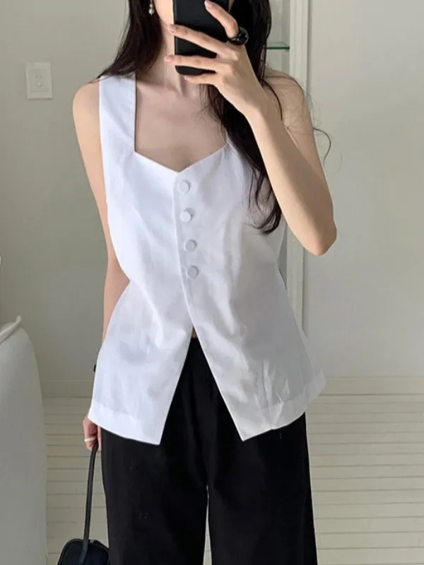 Slimming Button-Up Square-Neck Waist-Cinching Women's Top French Style Fashion Outerwear Tank Top Elegant Lazy Minimalist
Slimming Button-Up Square-Neck Waist-Cinching Women's Top French Style Fashion Outerwear Tank Top Elegant Lazy Minimalist