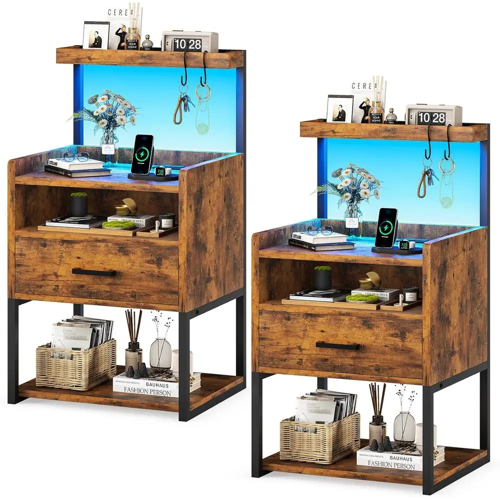 Rustic 2-Piece Nightstand Set with Charging Station and LED-lit Bedside Tables for Easy Assembly
Rustic 2-Piece Nightstand Set with Charging Station and LED-lit Bedside Tables for Easy Assembly