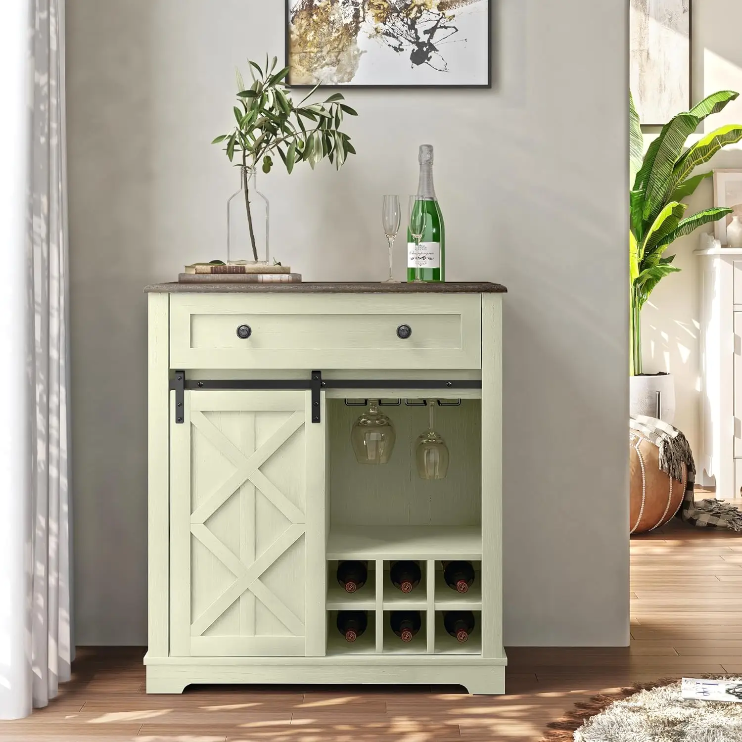 32 Inch Wine Cabinet with 1 Sliding Barn Door, Open Glass & Wine Rack, 2 Storage Shelves & 1 Drawer, (Light Moss Green)
32 Inch Wine Cabinet with 1 Sliding Barn Door, Open Glass & Wine Rack, 2 Storage Shelves & 1 Drawer, (Light Moss Green)
