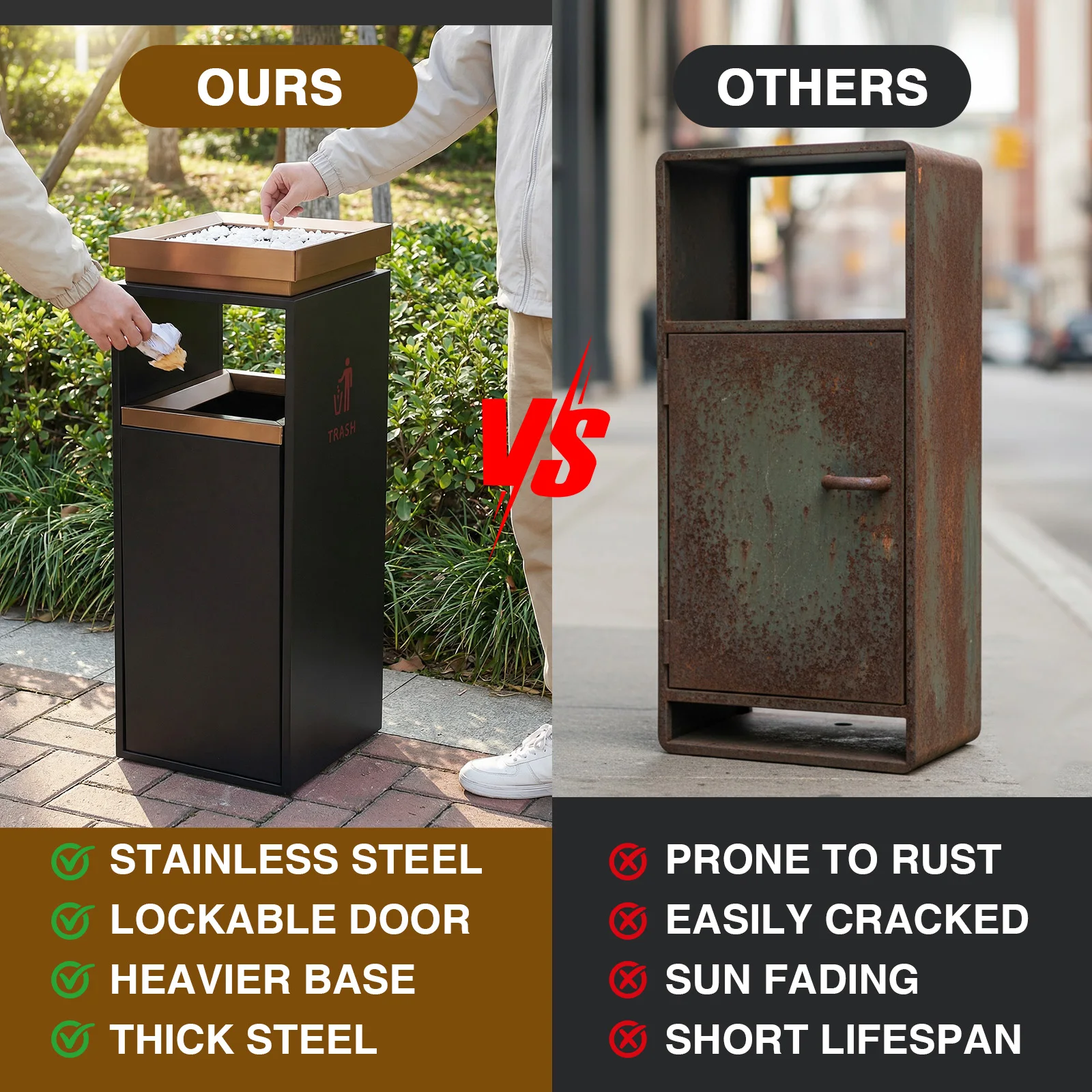 Мусорное ведро из нержавеющей стали 16 л с пепельницей/крышкой и съемным внутренним контейнером, 29.53x11.02x11.02 дюйма, для парков и общественных мест
Мусорное ведро из нержавеющей стали 16 л с пепельницей/крышкой и съемным внутренним контейнером, 29.53x11.02x11.02 дюйма, для парков и общественных мест