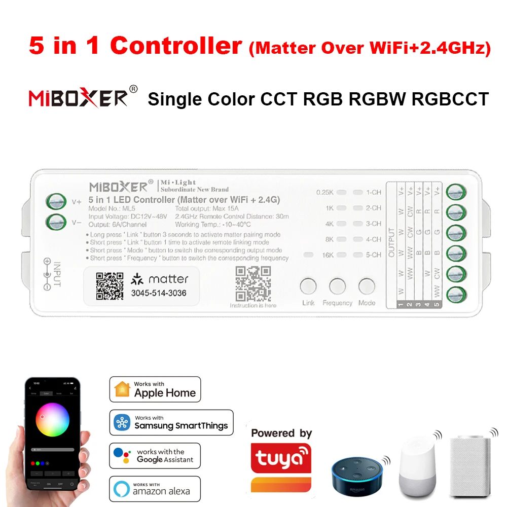 Контроллер Miboxer ML5 5 в 1, имеет значение через Wi-Fi + 2,4 ГГц Tuya DIM RGB RGBW RGBWW RGBCW RGBCCT DND Голосовое приложение WIFI Управление DC12-48V
Контроллер Miboxer ML5 5 в 1, имеет значение через Wi-Fi + 2,4 ГГц Tuya DIM RGB RGBW RGBWW RGBCW RGBCCT DND Голосовое приложение WIFI Управление DC12-48V