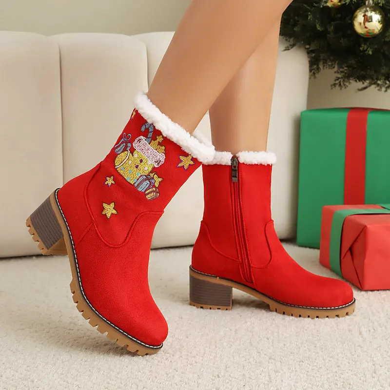 Women's Red Christmas Embroidery Ankle Boots Winter Fur Warm Short Booties Faux Fur Cuff Side Zipper Chunky Heel Snow Boots
Women's Red Christmas Embroidery Ankle Boots Winter Fur Warm Short Booties Faux Fur Cuff Side Zipper Chunky Heel Snow Boots