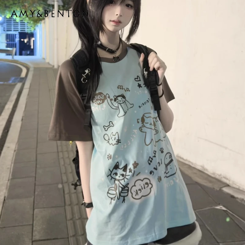 Japanese Original Design New Women's Top Round Neck Loose Cartoon Splicing Short-sleeved Tees Cute Versatile Thin T-shirt Ladies
Japanese Original Design New Women's Top Round Neck Loose Cartoon Splicing Short-sleeved Tees Cute Versatile Thin T-shirt Ladies
