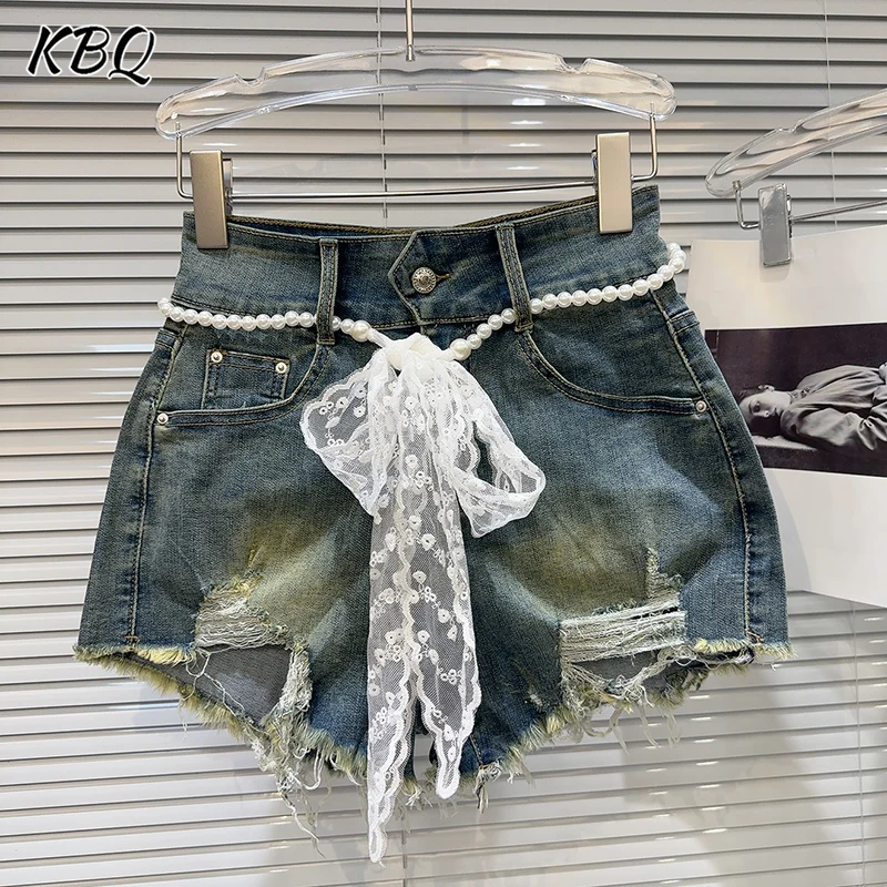 KBQ Sweet Spliced Lace Bowknots Denim Shorts for Women High Waist Patchwork Pearl Belt Elegant Chic Short Pants Female Fashion
KBQ Sweet Spliced Lace Bowknots Denim Shorts for Women High Waist Patchwork Pearl Belt Elegant Chic Short Pants Female Fashion