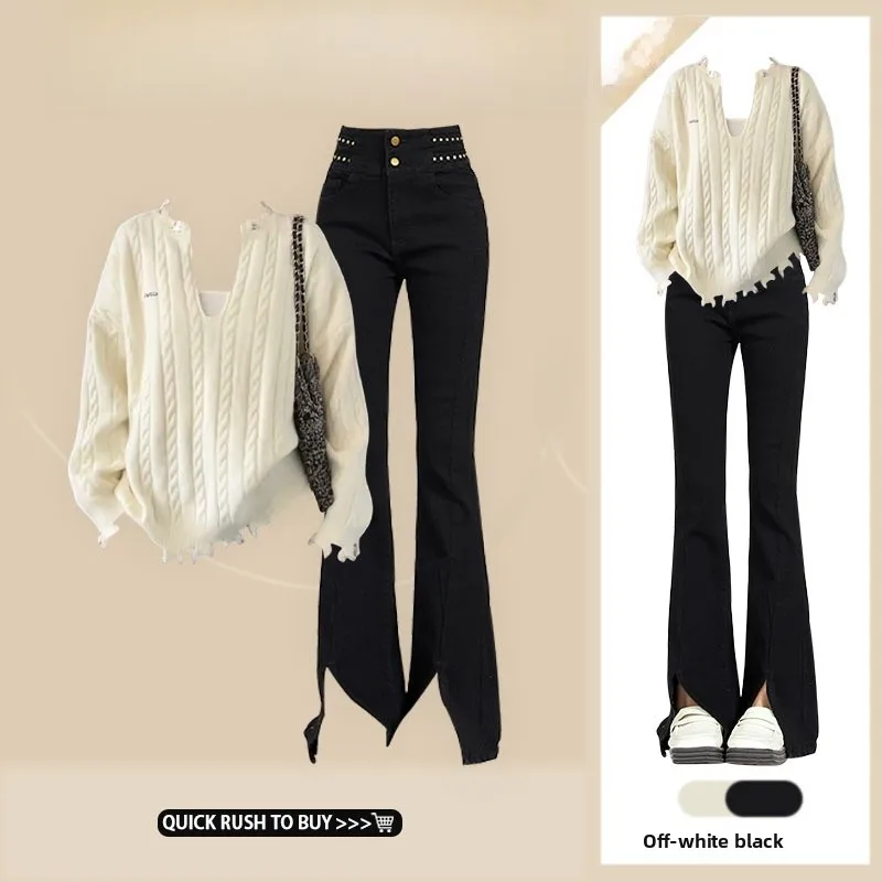 Soft Cozy Knitted Sweater High Waist Slim Jeans Flared Pants Two Piece Set Autumn Faion Women's Clothing Vintage Sle
Soft Cozy Knitted Sweater High Waist Slim Jeans Flared Pants Two Piece Set Autumn Faion Women's Clothing Vintage Sle