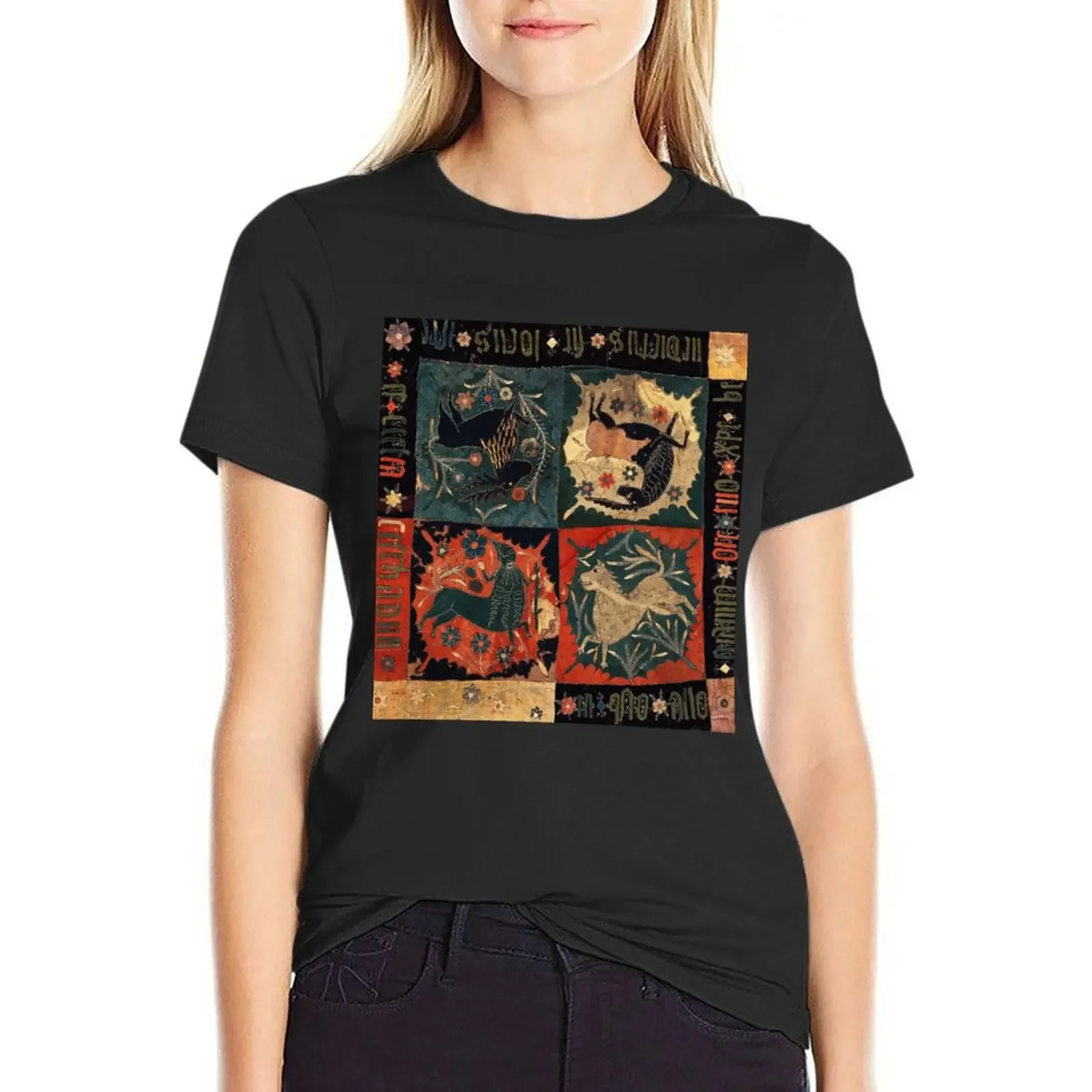MEDIEVAL BESTIARY, DEER, UNICORN,CENTAUR AND LION Red Blue Antique Scandinavian Embroidery T-Shirt
MEDIEVAL BESTIARY, DEER, UNICORN,CENTAUR AND LION Red Blue Antique Scandinavian Embroidery T-Shirt