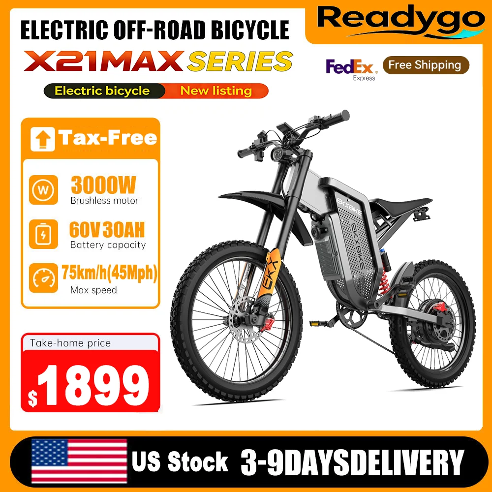 Электрический мотоцикл Readygo EKXBIKE X21 Max 2026 года, 3000 Вт, бесщеточный двигатель, аккумулятор 60В 30Ач, скорость 85 км/ч, внедорожный электробайк для взрослых
Электрический мотоцикл Readygo EKXBIKE X21 Max 2026 года, 3000 Вт, бесщеточный двигатель, аккумулятор 60В 30Ач, скорость 85 км/ч, внедорожный электробайк для взрослых