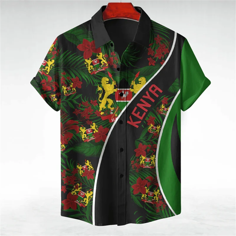 

Kenya Map Flag Graphic Short Sleeve Shirts For Men Clothes Casual Hawaiian Flower Blouses National Emblem Shirt Boy Lapel Blouse