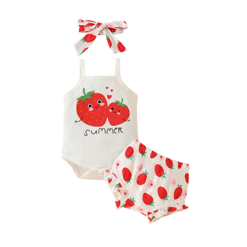 Baby Girl Summer Clothes Strawberry Print Sleeveless Romper and Elastic Shorts Headband Set 3 Piece Outfits
Baby Girl Summer Clothes Strawberry Print Sleeveless Romper and Elastic Shorts Headband Set 3 Piece Outfits