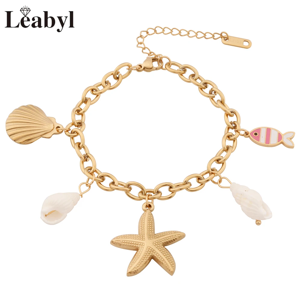 14K Gold Plated Starfish Shell Fish Pendant Charm Bracelet Summer Ocean Beach Stainless Steel Adjustable Jewelry for Women Gift
14K Gold Plated Starfish Shell Fish Pendant Charm Bracelet Summer Ocean Beach Stainless Steel Adjustable Jewelry for Women Gift