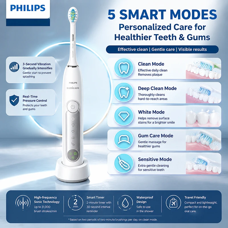 Philips HX5282 Electric Toothbrush 5 Modes of Vibration Gradually Increasing Sensing 60 Day Battery Life Deep Cleaning of Teeth
Philips HX5282 Electric Toothbrush 5 Modes of Vibration Gradually Increasing Sensing 60 Day Battery Life Deep Cleaning of Teeth