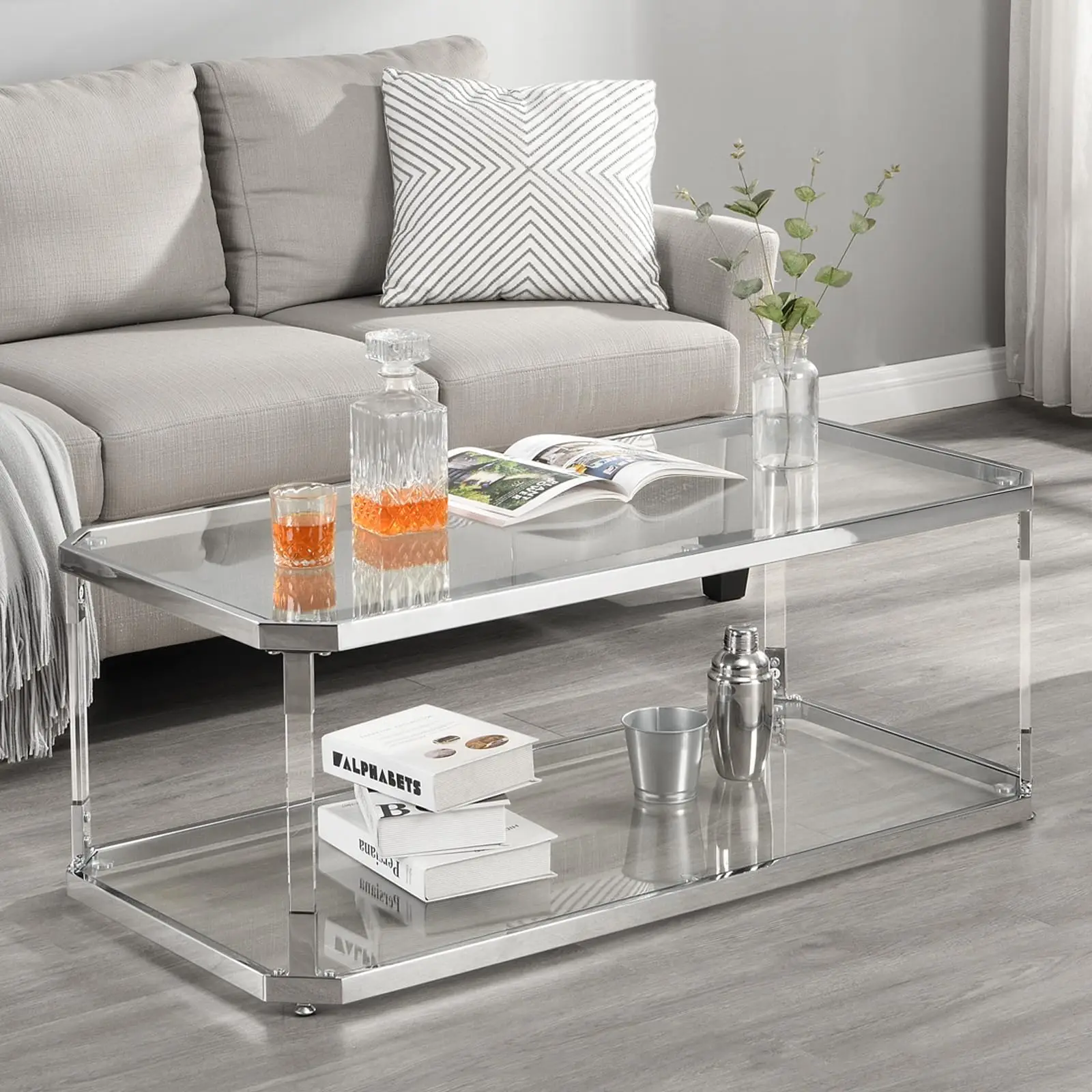 Rectangular Two-Tier Glass Coffee Table With Acrylic Legs Chrome Frame For Living Room
Rectangular Two-Tier Glass Coffee Table With Acrylic Legs Chrome Frame For Living Room