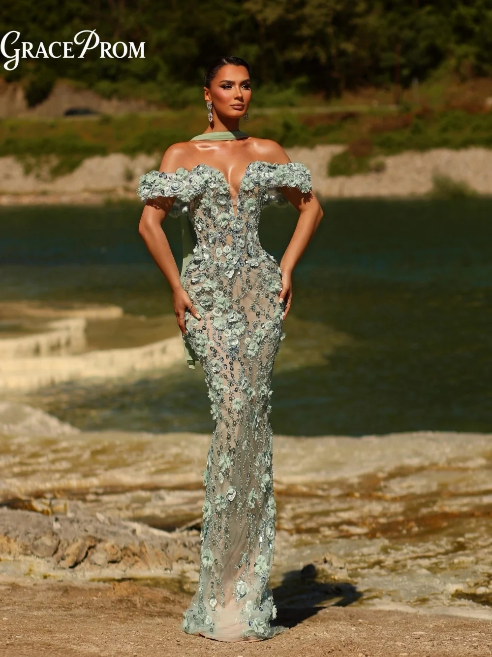 Gorgeous Sage Green 3D Floral Applique Party Dress Sheer Mesh Off Shoulder Deep V Evening Gown For Wedding Guests فساتين سهرة
Gorgeous Sage Green 3D Floral Applique Party Dress Sheer Mesh Off Shoulder Deep V Evening Gown For Wedding Guests فساتين سهرة