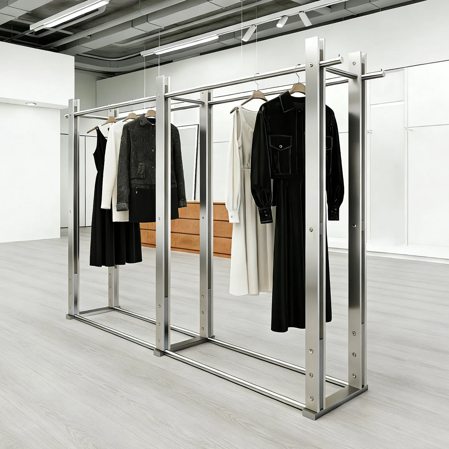 High-end clothing store Zhongdao rack double row display rack floor-to-ceiling stainless steel display clothes rack
High-end clothing store Zhongdao rack double row display rack floor-to-ceiling stainless steel display clothes rack