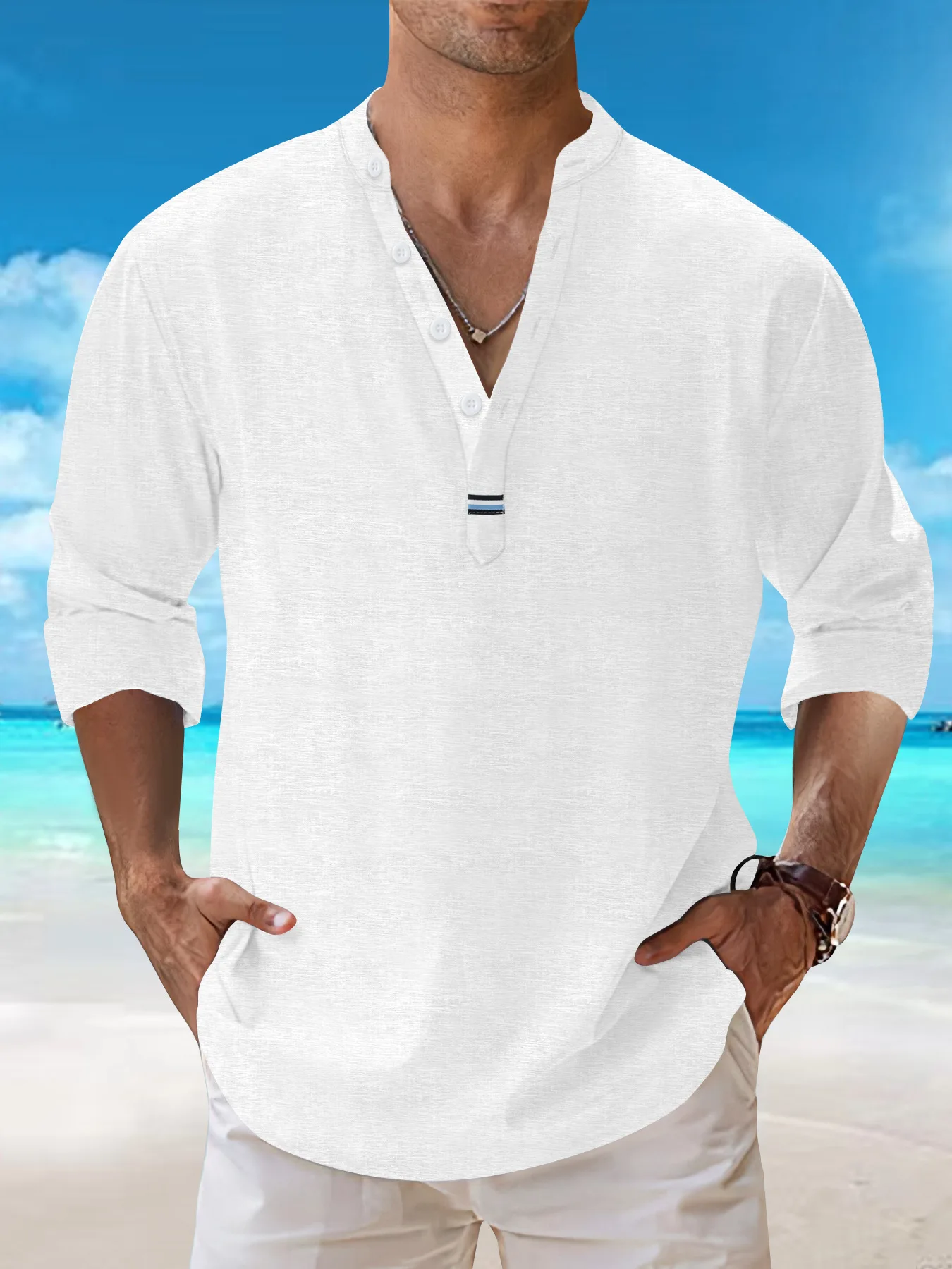 2025 European size men's summer V-neck long-sleeved solid-color shirt casual beach style top
2025 European size men's summer V-neck long-sleeved solid-color shirt casual beach style top