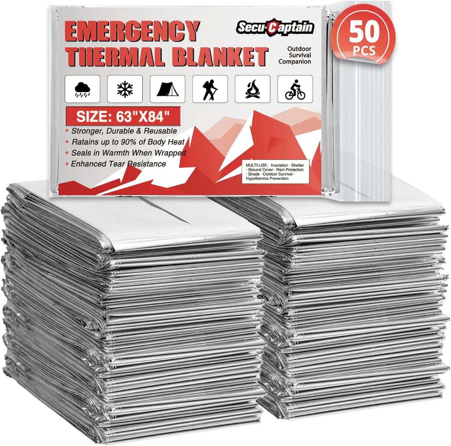 50 Pack Extra Large Thermal Blankets, 84x63 Inches, for Outdoor Winter Camping Hiking Emergency Survival
50 Pack Extra Large Thermal Blankets, 84x63 Inches, for Outdoor Winter Camping Hiking Emergency Survival