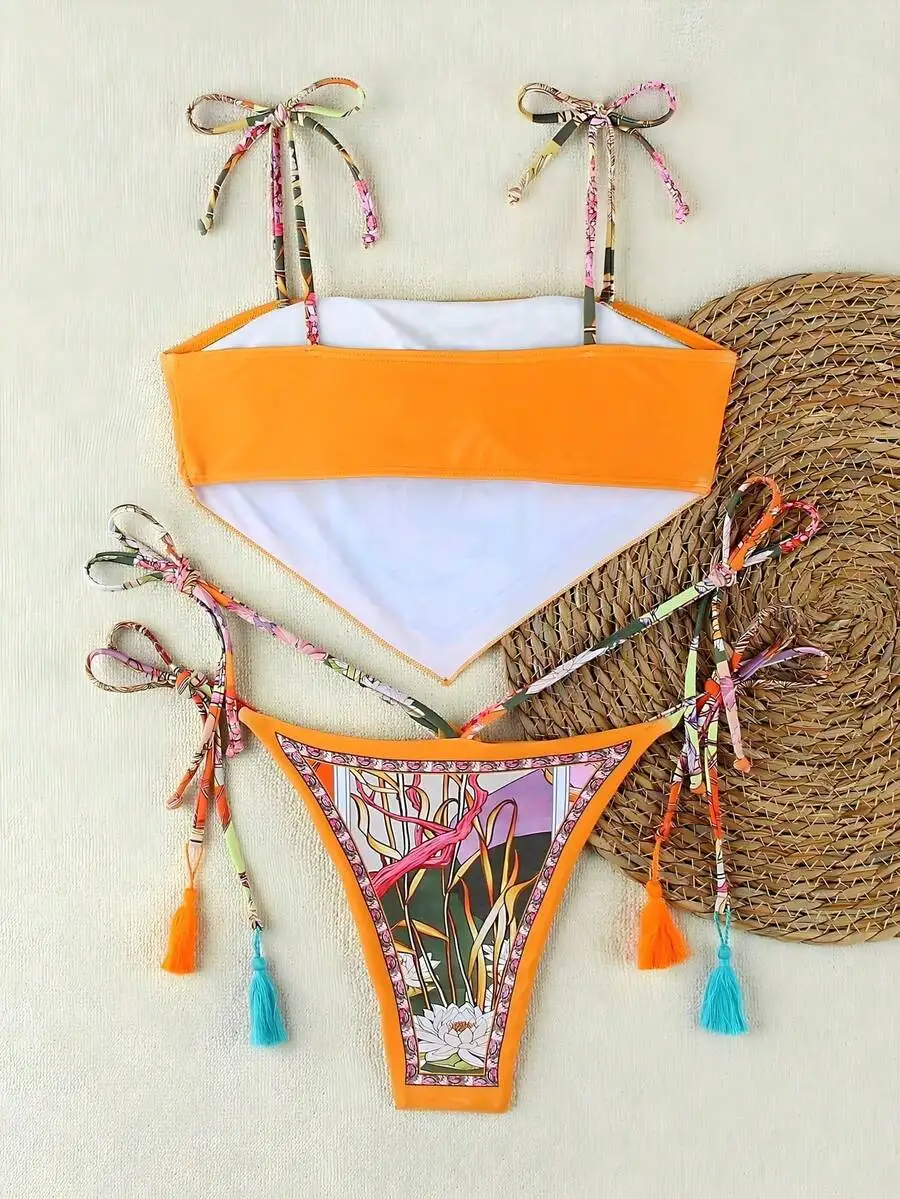 Orange Floral Print Tie-Front Bikini Set Sexy Beach Swimsuit For Women Summer Vacation
Orange Floral Print Tie-Front Bikini Set Sexy Beach Swimsuit For Women Summer Vacation
