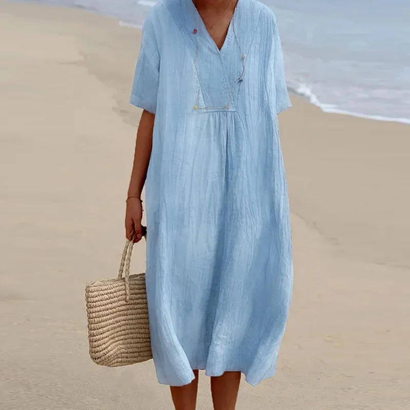 Casual V-neck Short Sleeve Pleated Long Dress Simple Solid Color Loose Women Dress 2023 Summer Beach Cotton Linen Dress Vestidos
Casual V-neck Short Sleeve Pleated Long Dress Simple Solid Color Loose Women Dress 2023 Summer Beach Cotton Linen Dress Vestidos