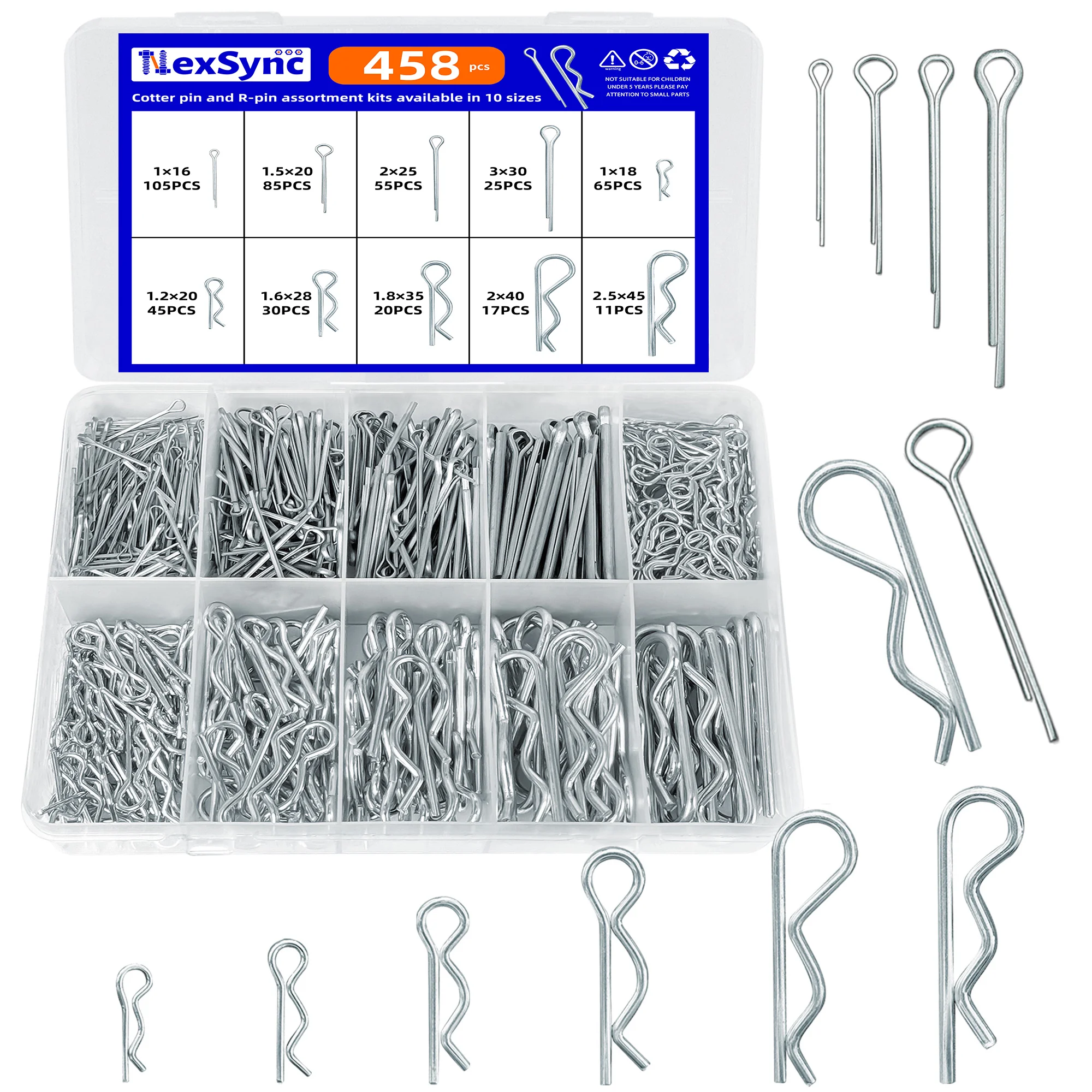 458PCS Zinc Plated Cotter Pins Kit, 10 Sizes, Stainless Steel R-Clip/Straight Pin, Tractor Trailer Lock Pins
458PCS Zinc Plated Cotter Pins Kit, 10 Sizes, Stainless Steel R-Clip/Straight Pin, Tractor Trailer Lock Pins