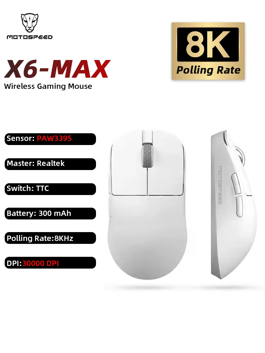 Беспроводная игровая мышь Motospeed X6 Max, двойной режим, 8K, скорость опрокидывания, PAW3950, легкие игровые мыши для ноутбука, киберспортивных геймеров, ПК
Беспроводная игровая мышь Motospeed X6 Max, двойной режим, 8K, скорость опрокидывания, PAW3950, легкие игровые мыши для ноутбука, киберспортивных геймеров, ПК
