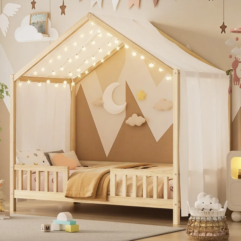 Natural Wood Kids Floor Bed with Canopy, House-Shaped Twin Bed Frame, High Safety Rails, No Box Spring Required
Natural Wood Kids Floor Bed with Canopy, House-Shaped Twin Bed Frame, High Safety Rails, No Box Spring Required