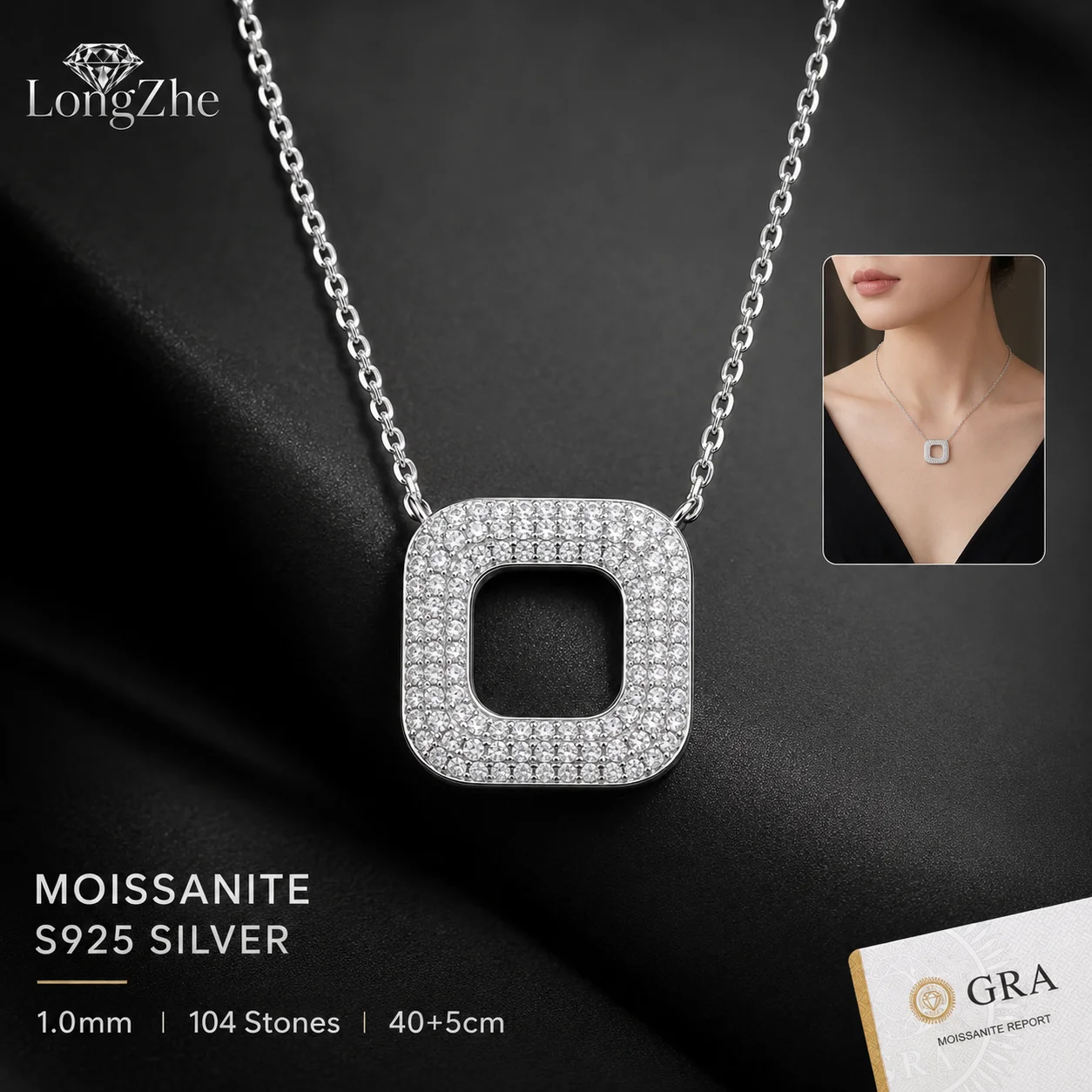 S925 Sterling Silver Moissanite Necklace 104-Stone Rounded Square Pendant 40+5cm Chain for Women Anniversary Gift
S925 Sterling Silver Moissanite Necklace 104-Stone Rounded Square Pendant 40+5cm Chain for Women Anniversary Gift