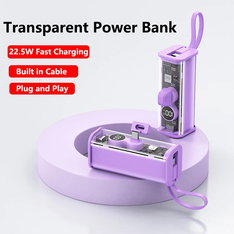 Transparent Mini Power Bank with USB C Cable Plug 22.5W Fast Charger Powerbank for iPhone Samsung Huawei Xiaomi External Battery
Transparent Mini Power Bank with USB C Cable Plug 22.5W Fast Charger Powerbank for iPhone Samsung Huawei Xiaomi External Battery