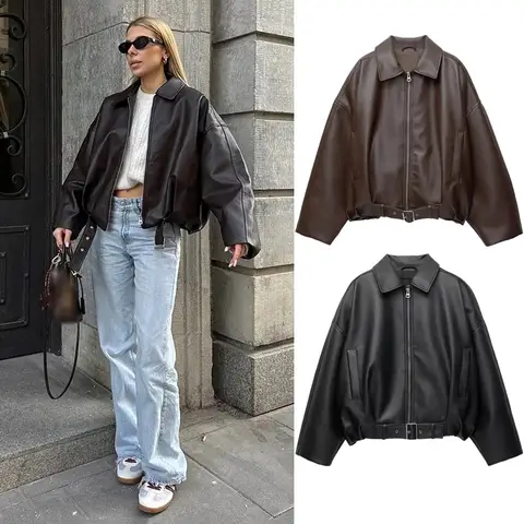 Vestes bombardier Vintage en cuir PU pour femme, manteau avec fermeture éclair, revers, manches longues, poches, avec ceinture, ample, Streetwear, nouvelle collection automne 2025