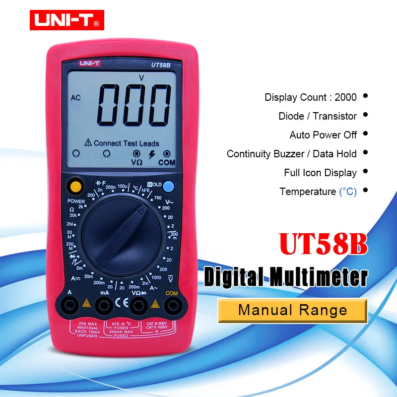 UNI-T цифровой мультиметр 2000, счетчик дисплея UT58B UT58C UT58E AC/DC ток, напряжение, сопротивление, емкость, частота тестер
UNI-T цифровой мультиметр 2000, счетчик дисплея UT58B UT58C UT58E AC/DC ток, напряжение, сопротивление, емкость, частота тестер
