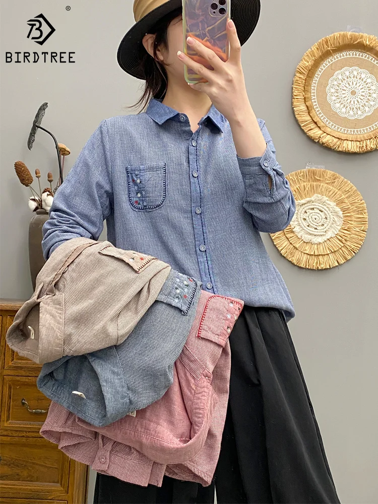 Женская хлопковая рубашка с отложным воротником, длинным рукавом и вышивкой 
Женская хлопковая рубашка с отложным воротником, длинным рукавом и вышивкой