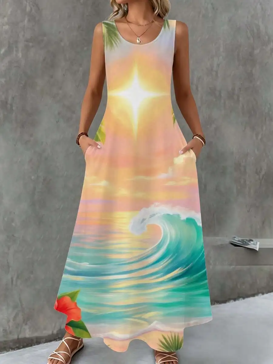 Sleeveless Maxi Dress Multicolor Sunset Ocean Wave Print Beach Vacation Dress
Sleeveless Maxi Dress Multicolor Sunset Ocean Wave Print Beach Vacation Dress