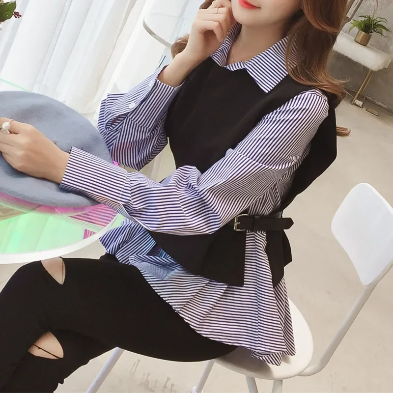 Two Piece Blouse Women Long Sleeve Vest And Blouse Korean Stripe Shirts Spring Autumn Tops blusas Women B164
Two Piece Blouse Women Long Sleeve Vest And Blouse Korean Stripe Shirts Spring Autumn Tops blusas Women B164
