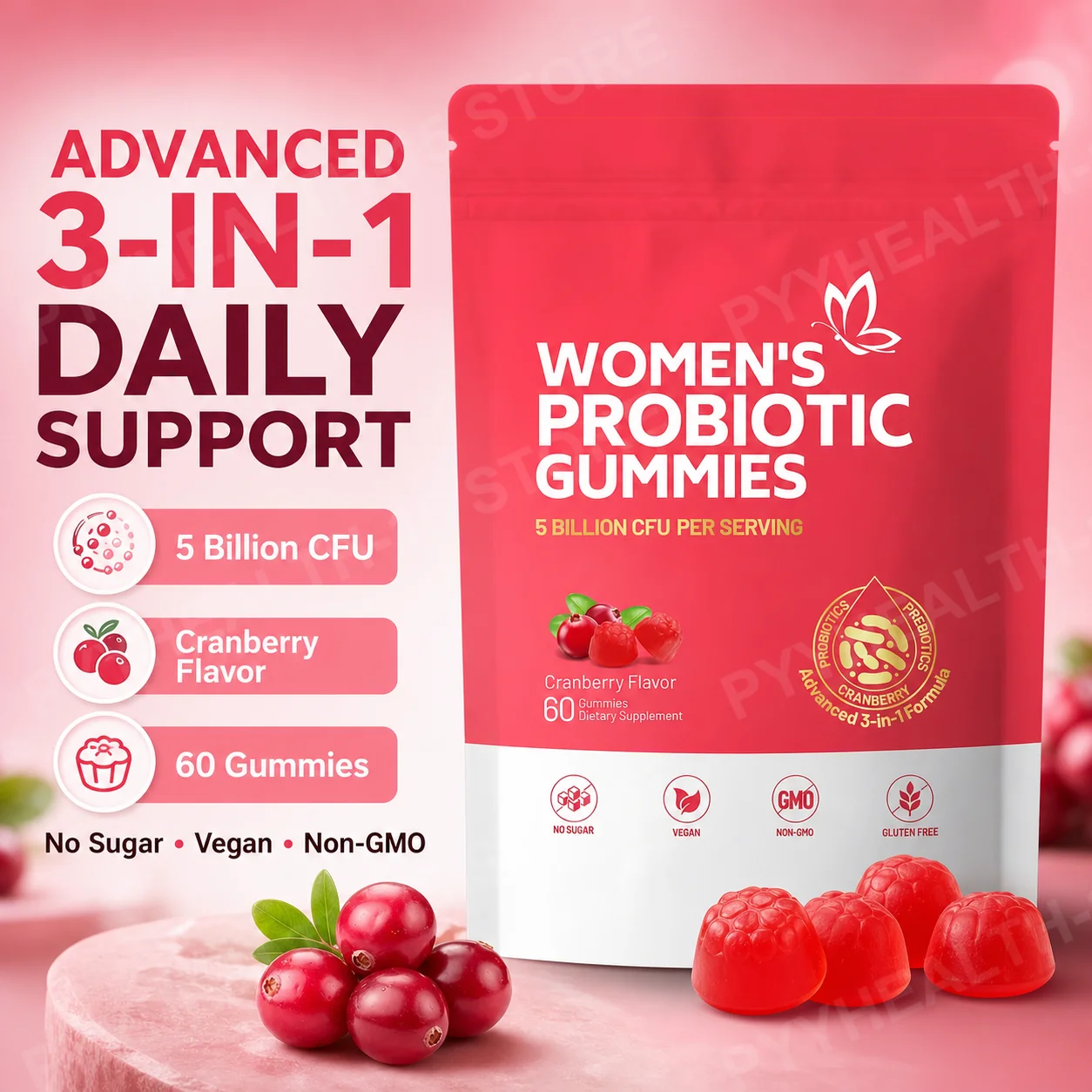 Women’s Probiotic Gummies, Cranberry Flavor, 5 Billion CFU, Prebiotic Fiber Blend, Vitamin C, Vegan, Non-GMO, 60 Gummies
Women’s Probiotic Gummies, Cranberry Flavor, 5 Billion CFU, Prebiotic Fiber Blend, Vitamin C, Vegan, Non-GMO, 60 Gummies