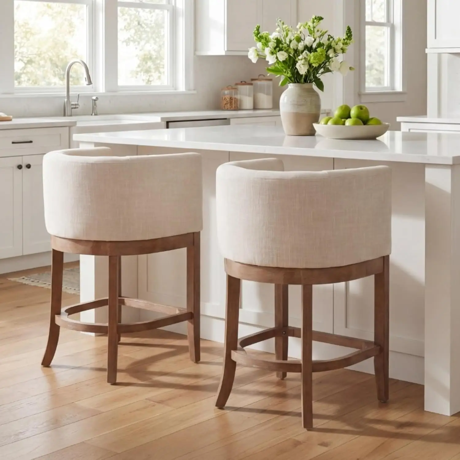 26in Farmhouse Counter Height Bar Stools Set 2 Wood Upholstered Barrel Back Arm Footrest Kitchen Island, Customized
26in Farmhouse Counter Height Bar Stools Set 2 Wood Upholstered Barrel Back Arm Footrest Kitchen Island, Customized