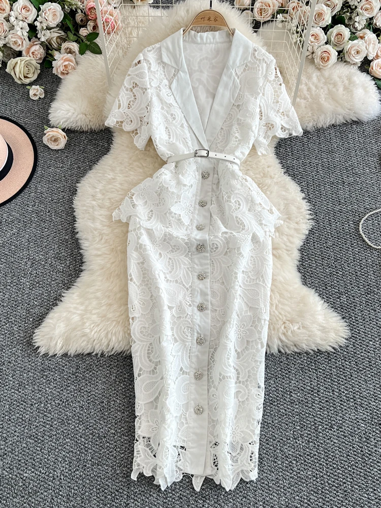Summer Elegant Women's Short Sleeve Dress New White Fashion Slim Fit Notched Collar Single Breasted Hollow Lace Dress C206
Summer Elegant Women's Short Sleeve Dress New White Fashion Slim Fit Notched Collar Single Breasted Hollow Lace Dress C206